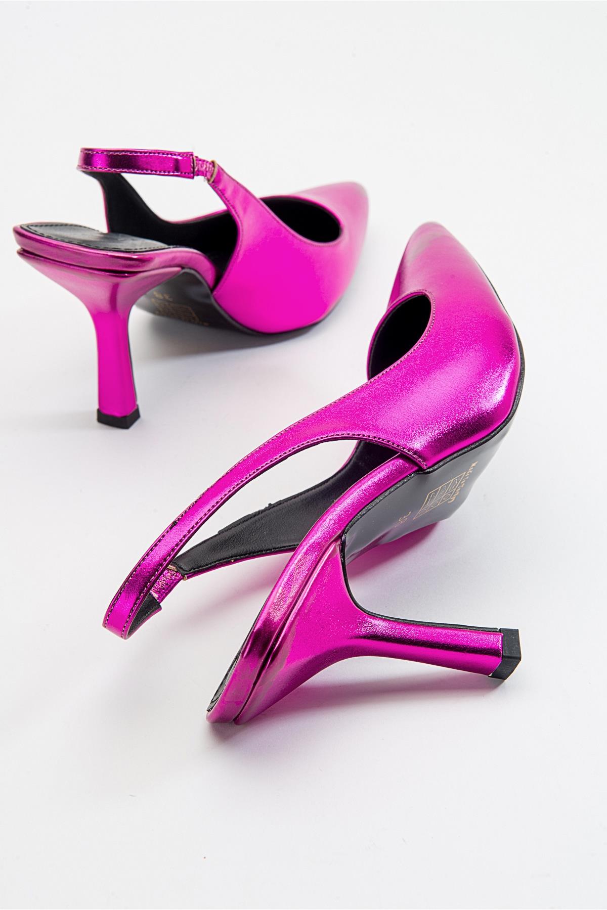 Ferry - Fuchsia Metallic Heeled Shoe – side view showing leather, metallic, SimmiUnique