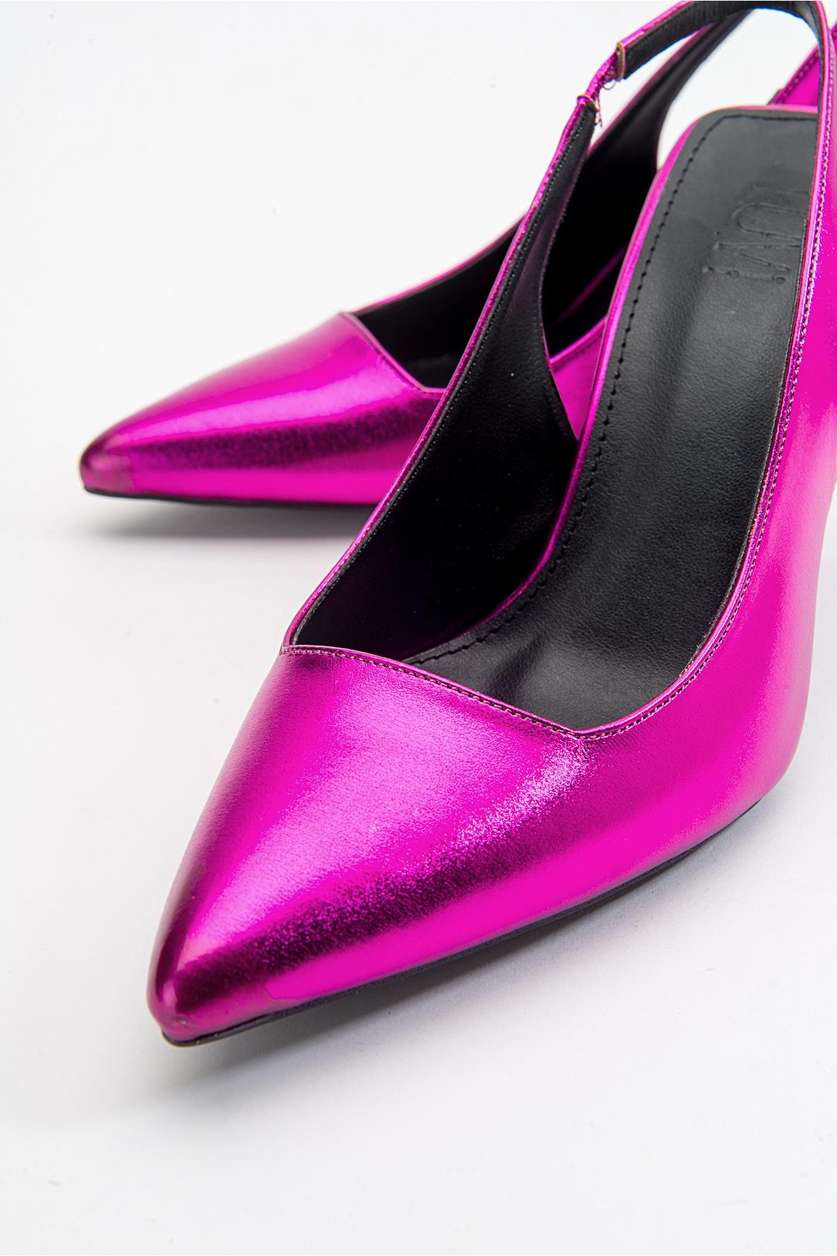 Ferry - Fuchsia Metallic Heeled Shoe – detail view showing leather, metallic, SimmiUnique