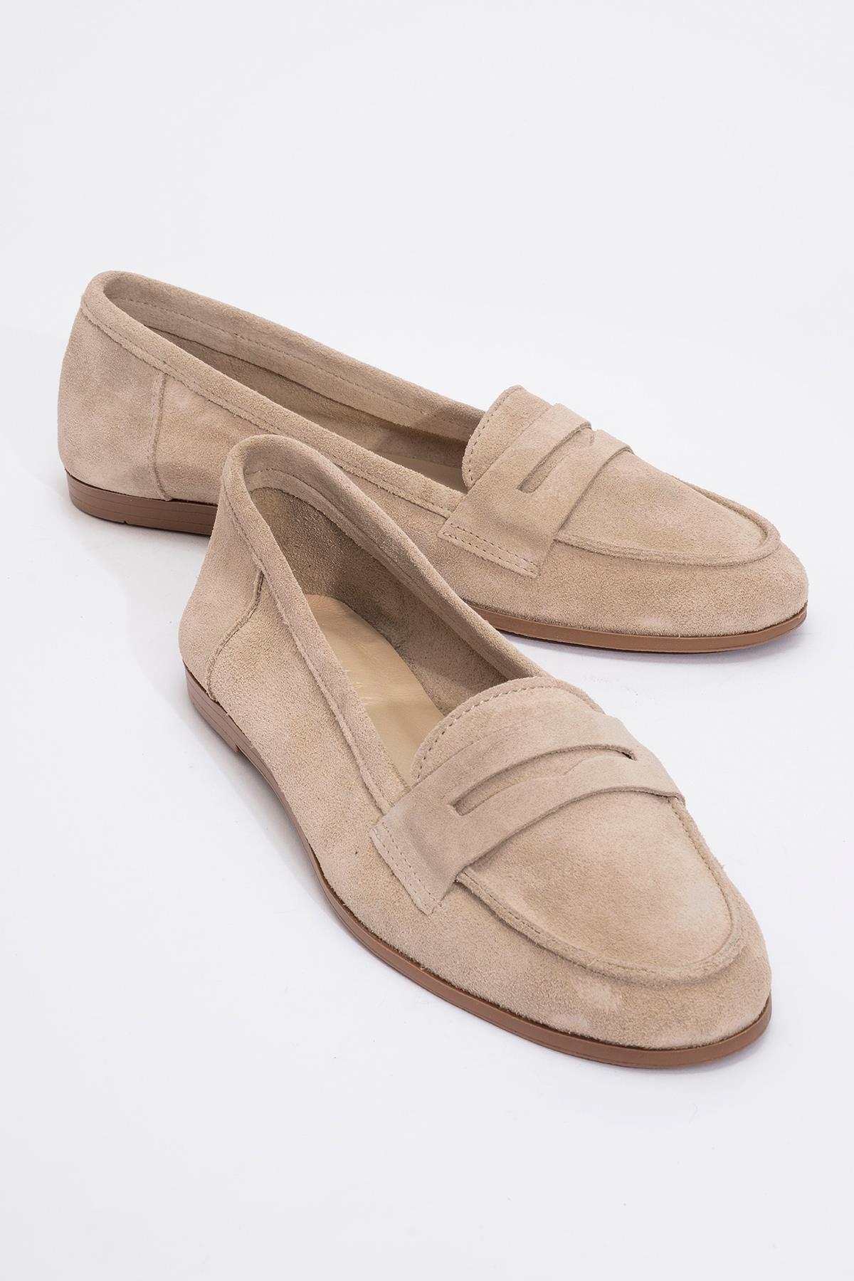 Tory - Beige Suede Genuine Leather Loafer Shoe – front three-quarter view showing leather, suede, SimmiUnique