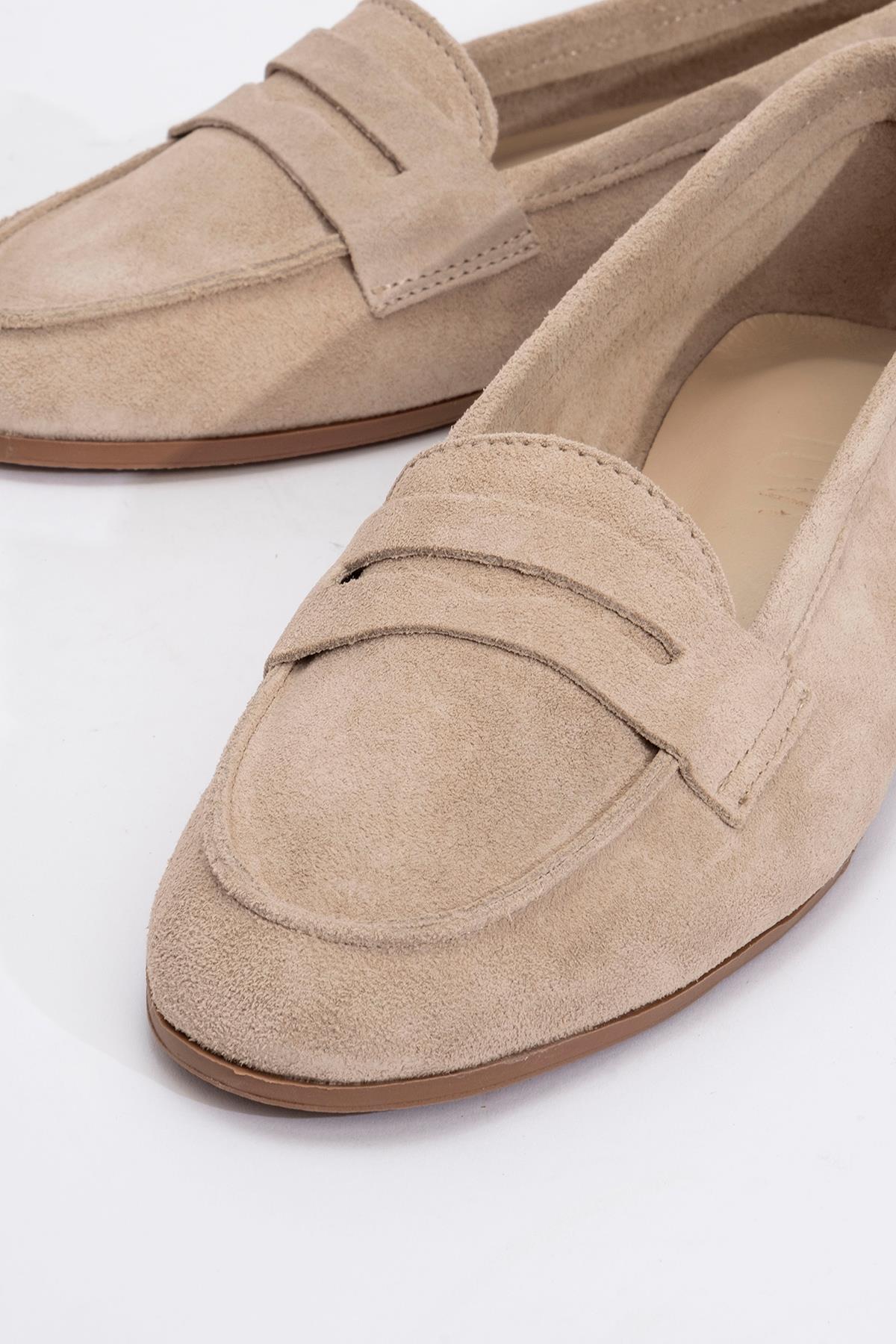 Tory - Beige Suede Genuine Leather Loafer Shoe – detail view showing leather, suede, SimmiUnique