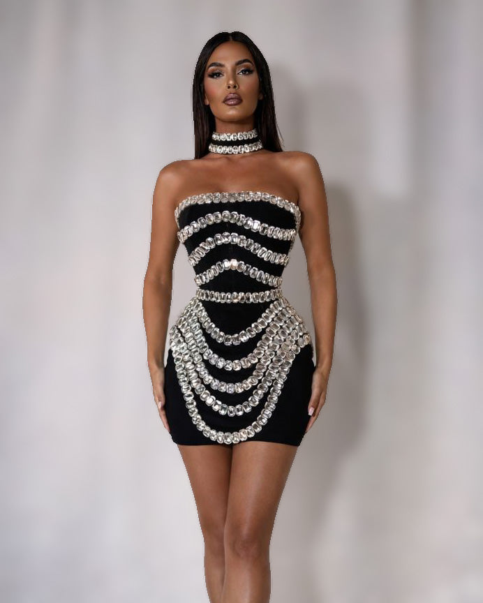 Black Crystal Corset Mini Dress with Draped Chain Detailing - SimmiUnique