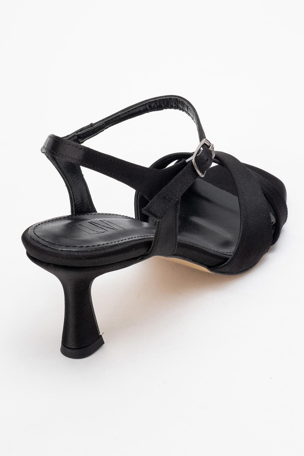 Melin - Black Satin Cross Strap High Heel – back view showing satin, leather, black, SimmiUnique