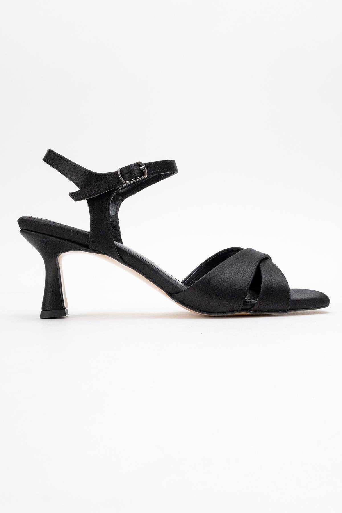 Melin - Black Satin Cross Strap High Heel – top view showing satin, leather, black, SimmiUnique