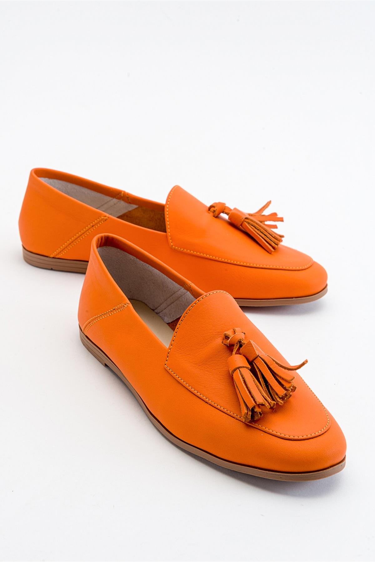 Mona - Neon Orange Soft Leather Tassel Loafers – front three-quarter view showing leather, suede, red, SimmiUnique
