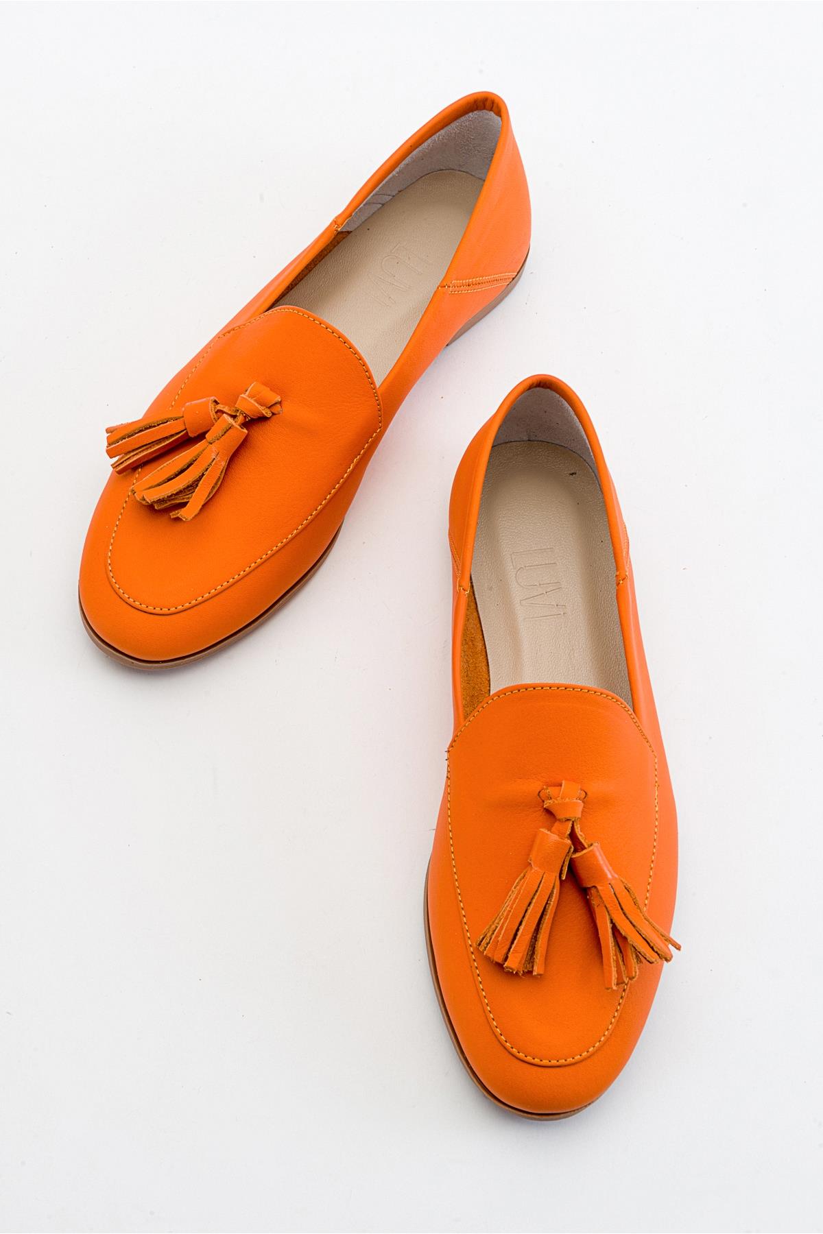 Mona - Neon Orange Soft Leather Tassel Loafers – side view showing leather, suede, red, SimmiUnique