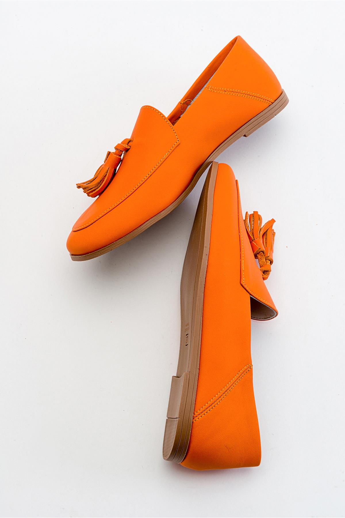 Mona - Neon Orange Soft Leather Tassel Loafers – heel view showing leather, suede, red, SimmiUnique