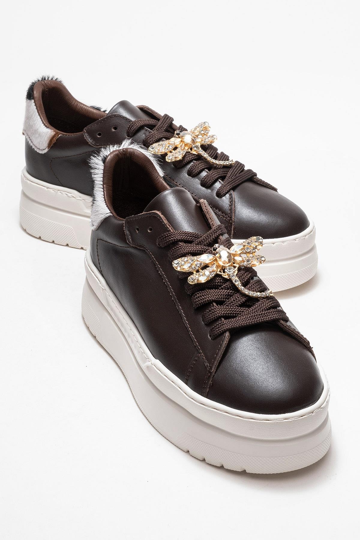 Laren - Brown Genuine Leather Buckle Casual Sneaker – front three-quarter view showing leather, SimmiUnique
