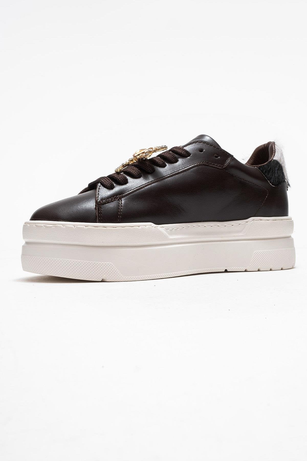 Laren - Brown Genuine Leather Buckle Casual Sneaker – heel view showing leather, SimmiUnique