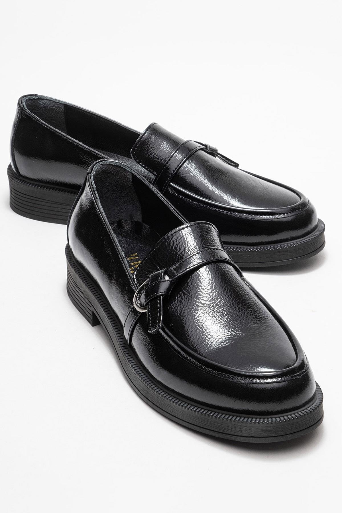 Galea - Black Patent Buckled Genuine Leather Loafer – front three-quarter view showing leather, black, SimmiUnique