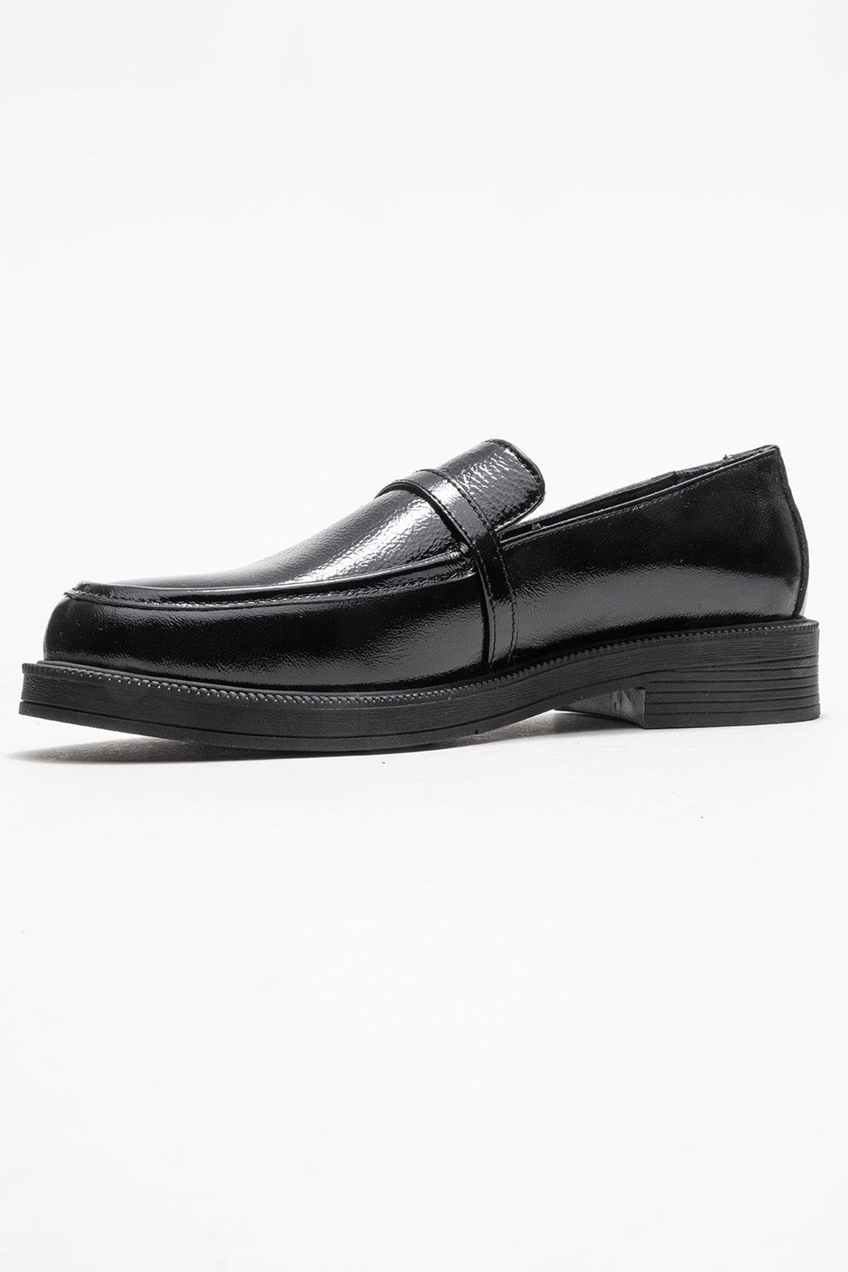 Galea - Black Patent Buckled Genuine Leather Loafer – heel view showing leather, black, SimmiUnique