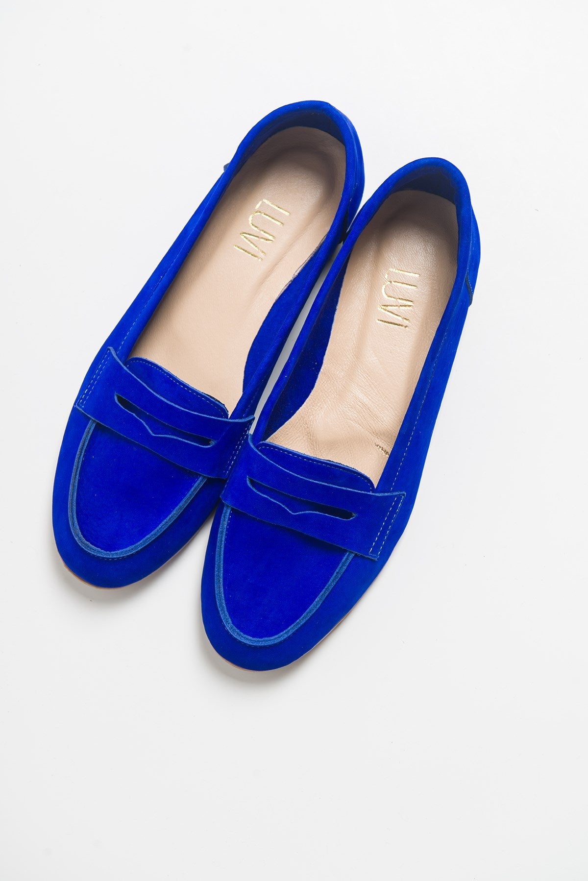 Dorothy - Dark Blue Suede Leather Loafers – front three-quarter view showing leather, suede, blue, SimmiUnique