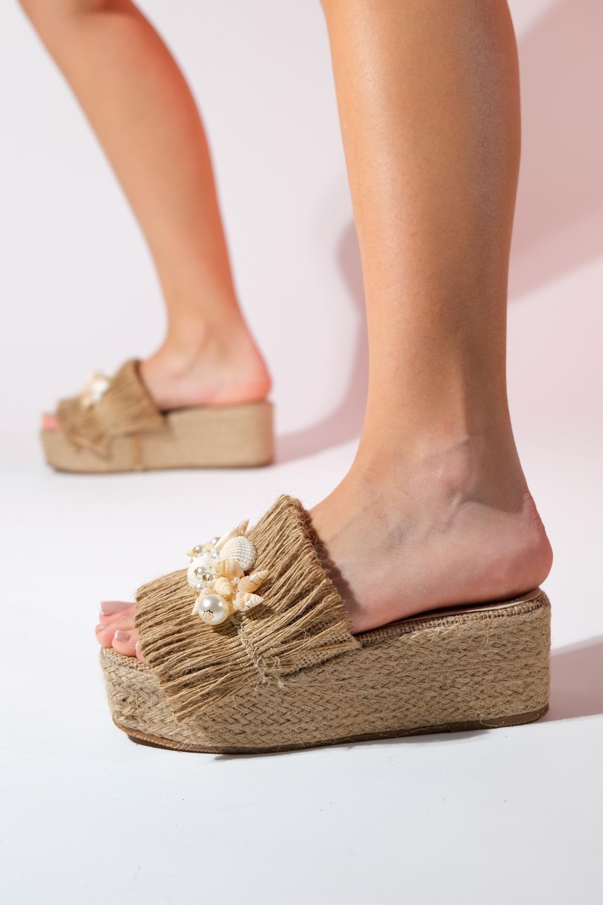 DION Brown Raffia Seashell Wedge Mules – sole view showing leather, SimmiUnique