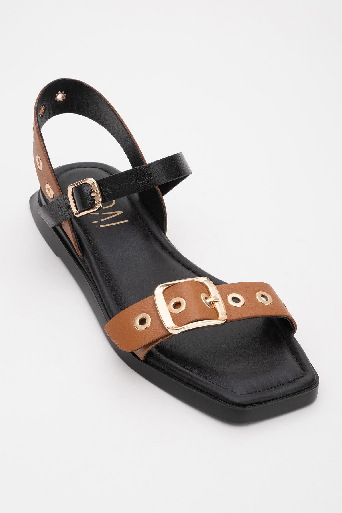 Mozes - Cognac Black Leather Sandal – detail view showing leather, black, SimmiUnique