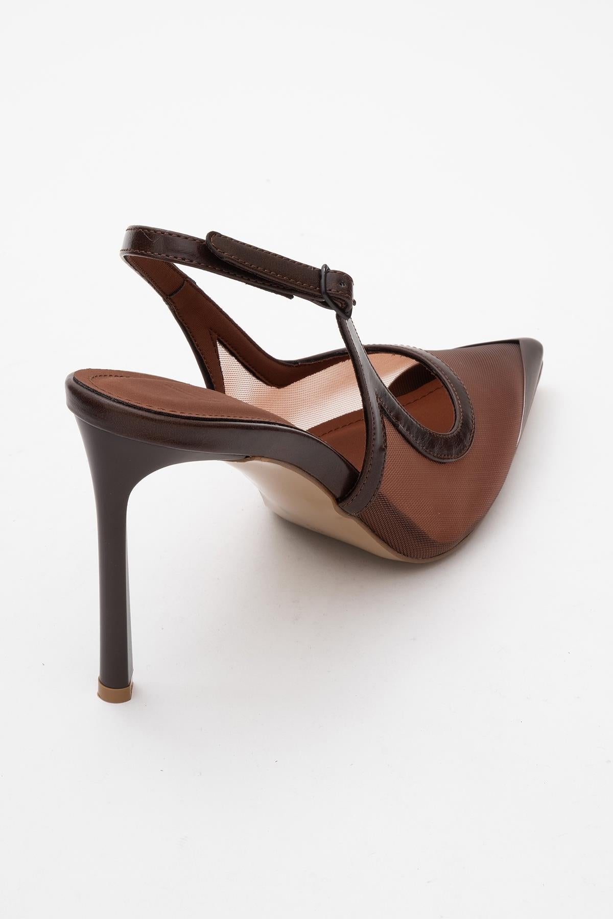 Venas - Brown Mesh Slingback High Heel – back view showing leather, mesh, SimmiUnique