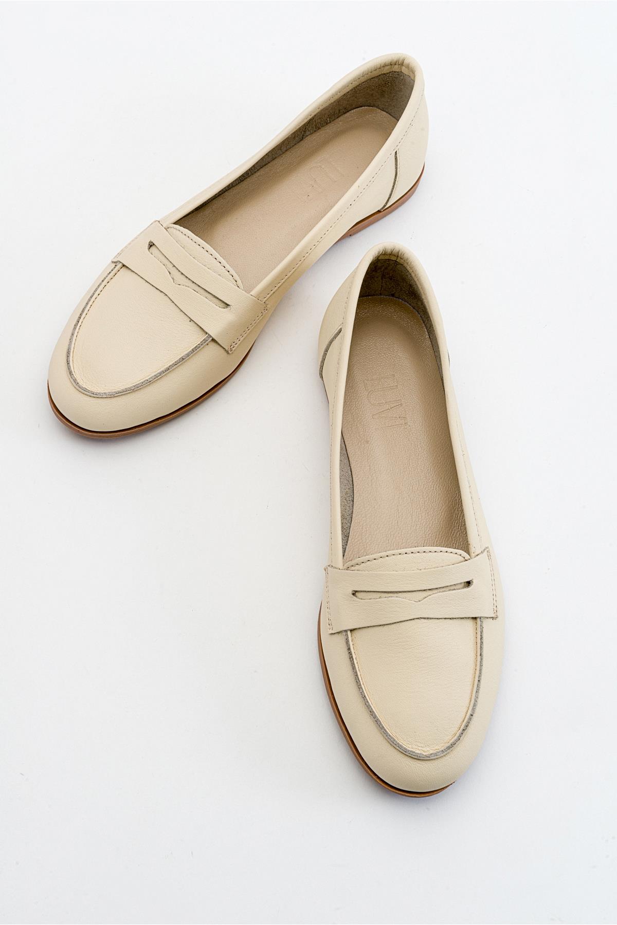 Dorothy - Light Beige Leather Loafers – heel view showing leather, suede, SimmiUnique