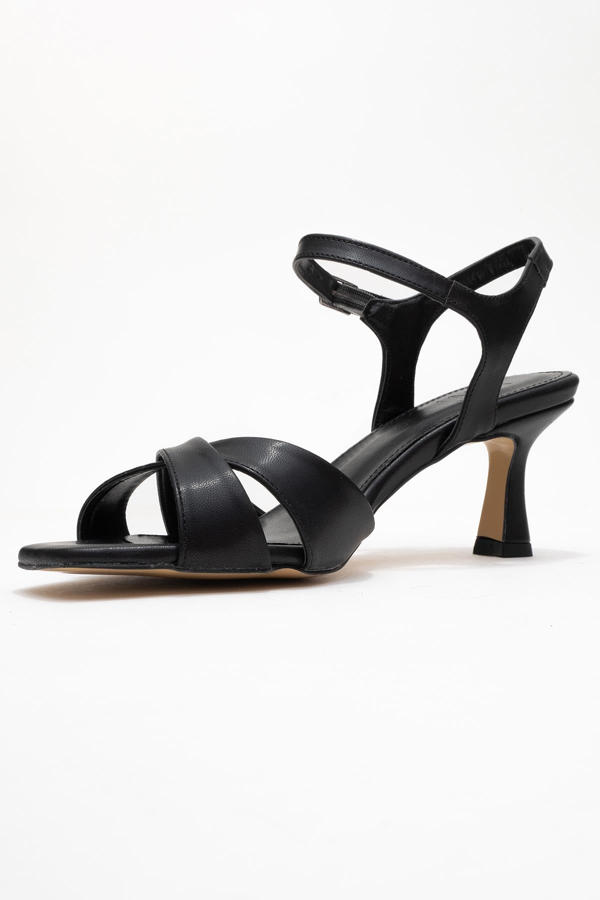 Melin - Black Cross-Strap High Heel Pump – heel view showing leather, black, SimmiUnique