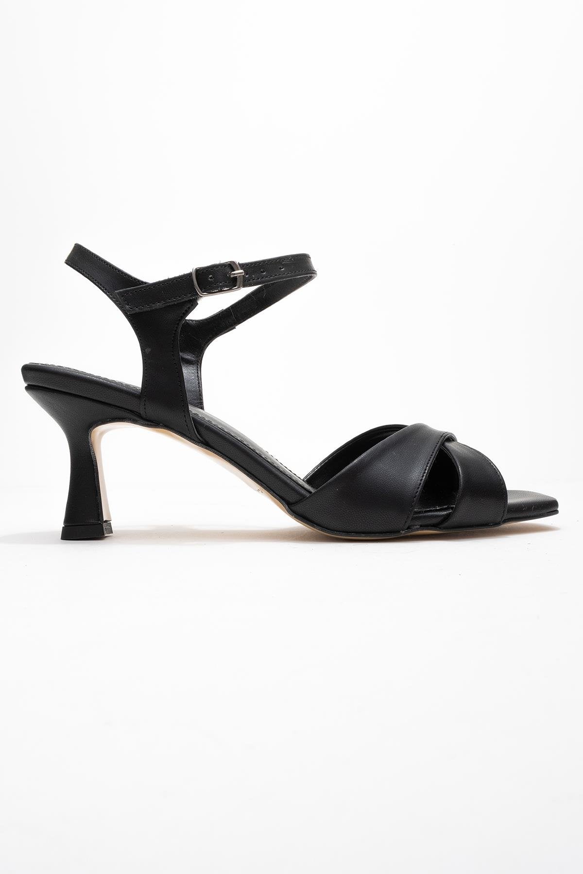 Melin - Black Cross-Strap High Heel Pump – top view showing leather, black, SimmiUnique