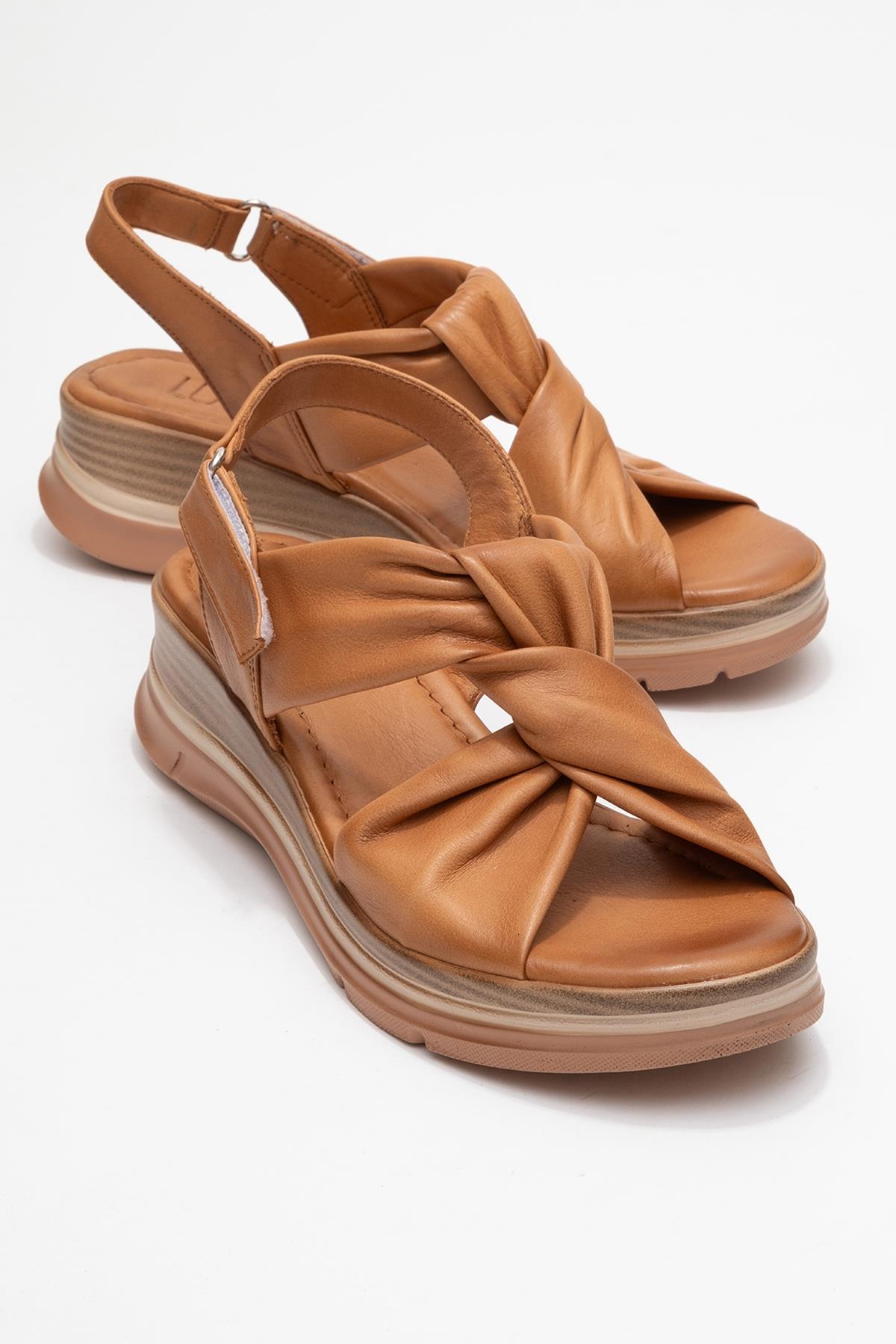 Oara - Cognac Brown Leather Sandal – front three-quarter view showing leather, SimmiUnique