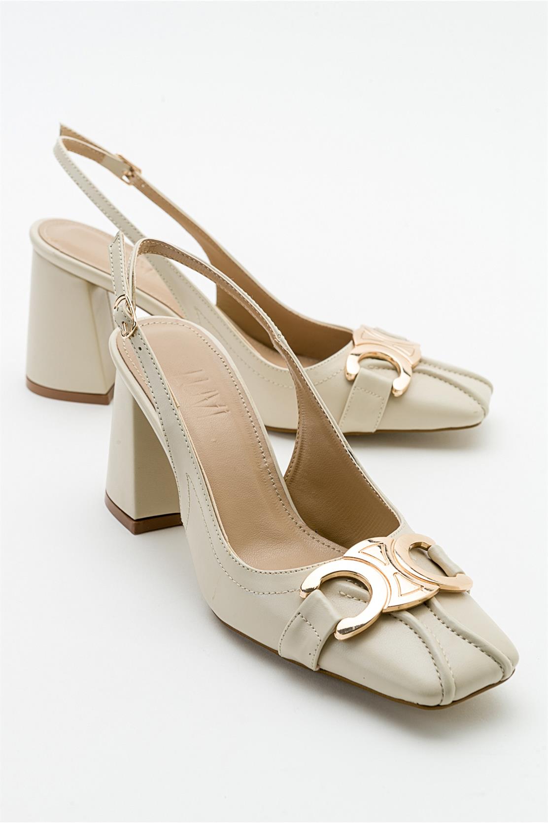 Forlev - Ecru Beige Heeled Shoe – front three-quarter view showing leather, SimmiUnique