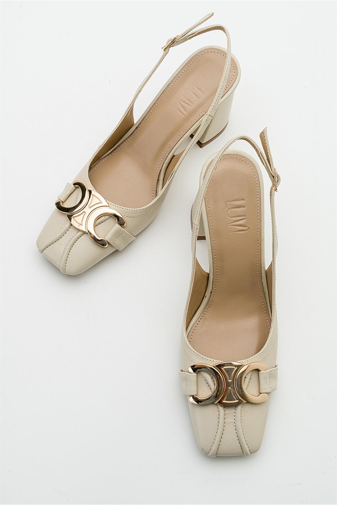 Forlev - Ecru Beige Heeled Shoe – heel view showing leather, SimmiUnique