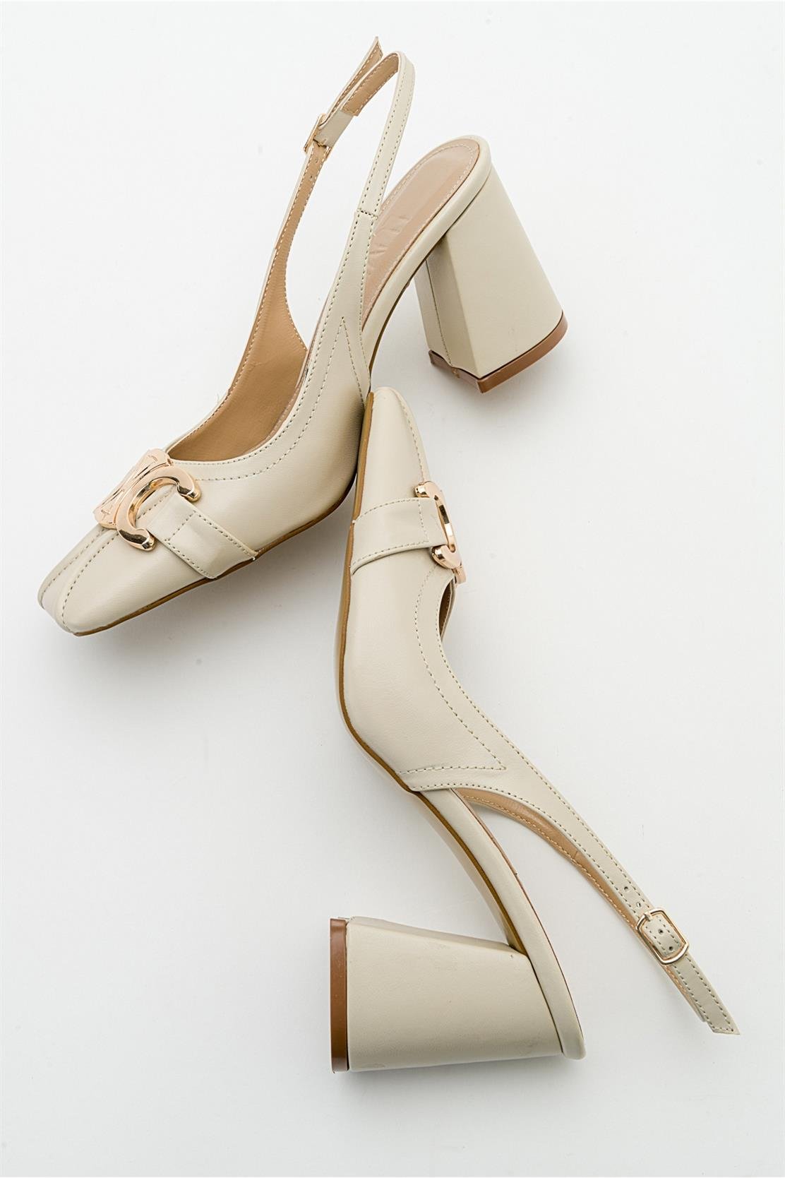 Forlev - Ecru Beige Heeled Shoe – back view showing leather, SimmiUnique