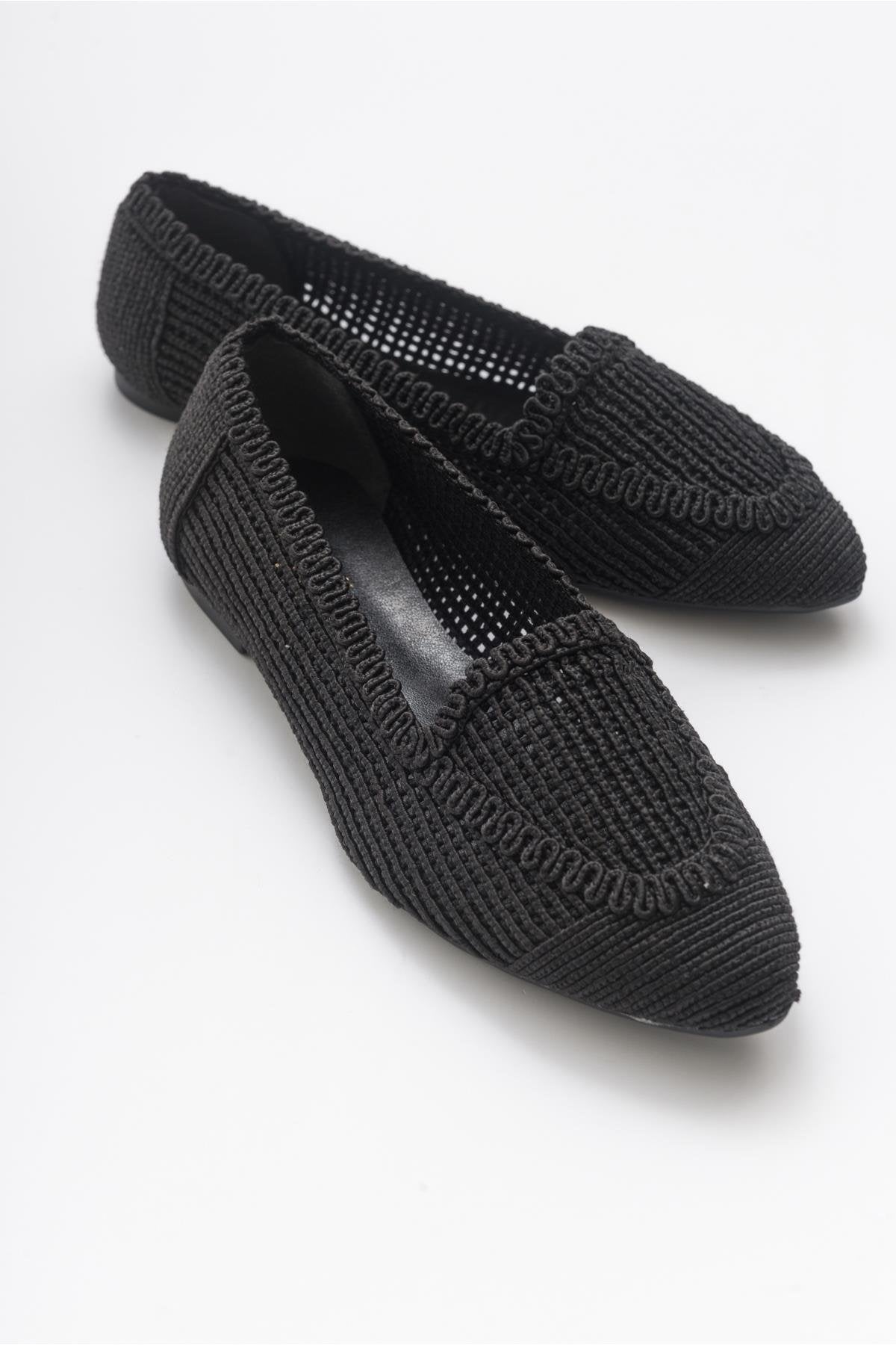 Mira Black Knit Ballet Flat – detail view showing leather, black, SimmiUnique