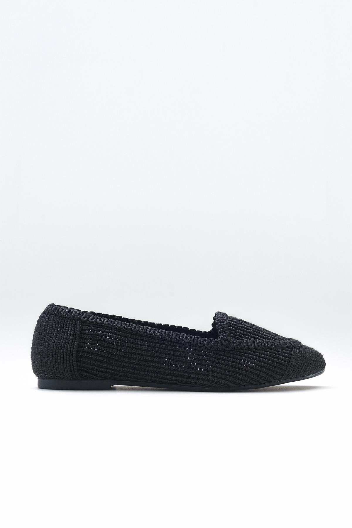Mira Black Knit Ballet Flat – top view showing leather, black, SimmiUnique
