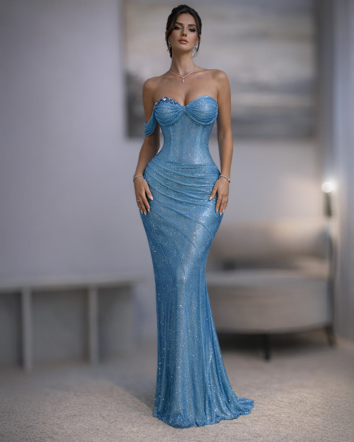 Blue Crystal Strapless Draped Evening Gown - SimmiUnique