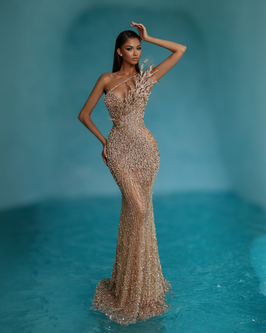 Champagne Gold One-Shoulder Crystal Corset Gown with Sculptural Detailing - SimmiUnique