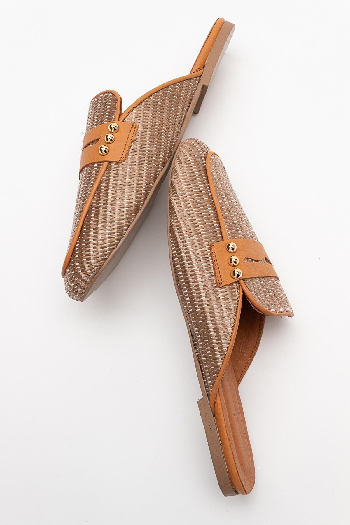 Patrizia - Brown Leather Mule – detail view showing leather, SimmiUnique