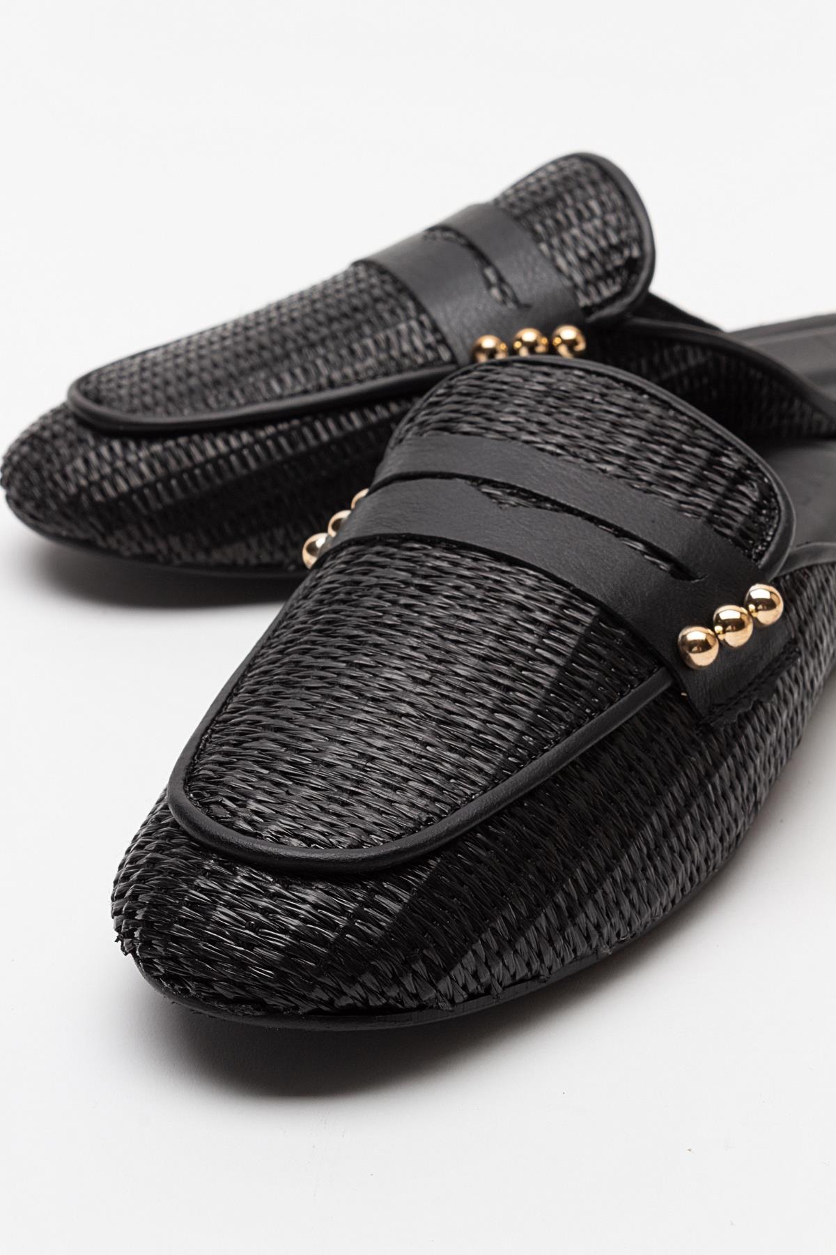 Patrizia - Black Leather Mule – heel view showing leather, black, SimmiUnique