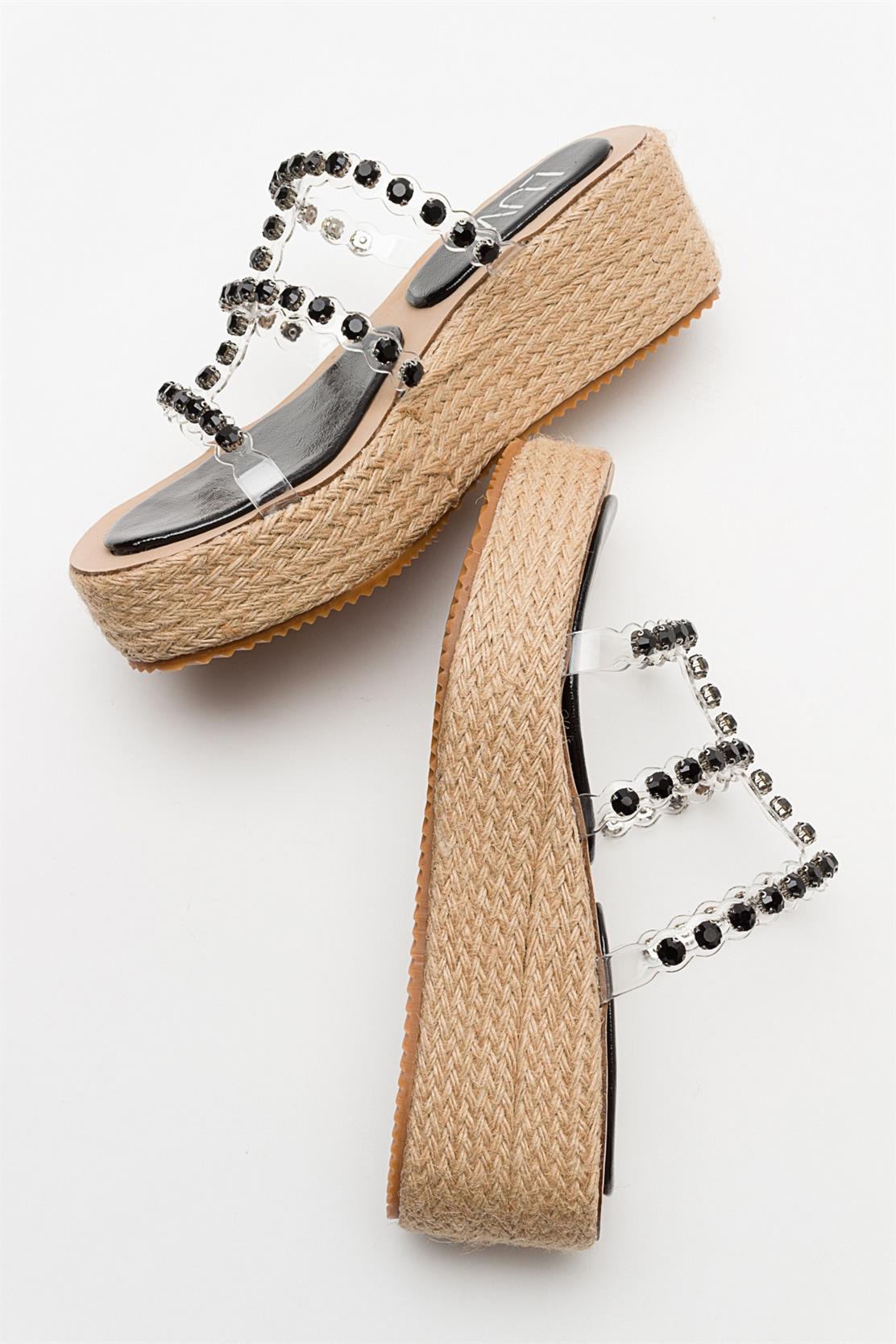 Marje - Black Embellished Platform Slide – heel view showing leather, black, red, SimmiUnique
