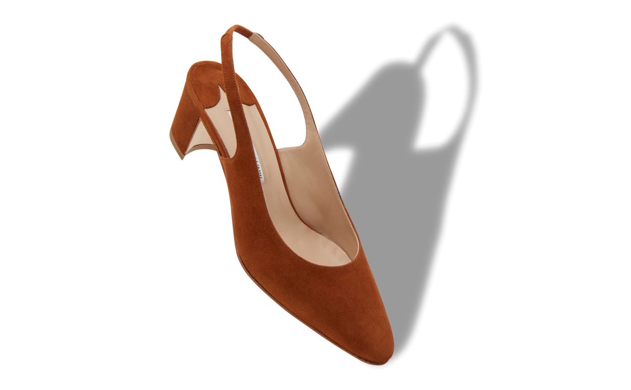 Marielle Jewel Brown Slingback Slingbacks – front three-quarter view showing brown slingback, almond toe, suede, SimmiUnique