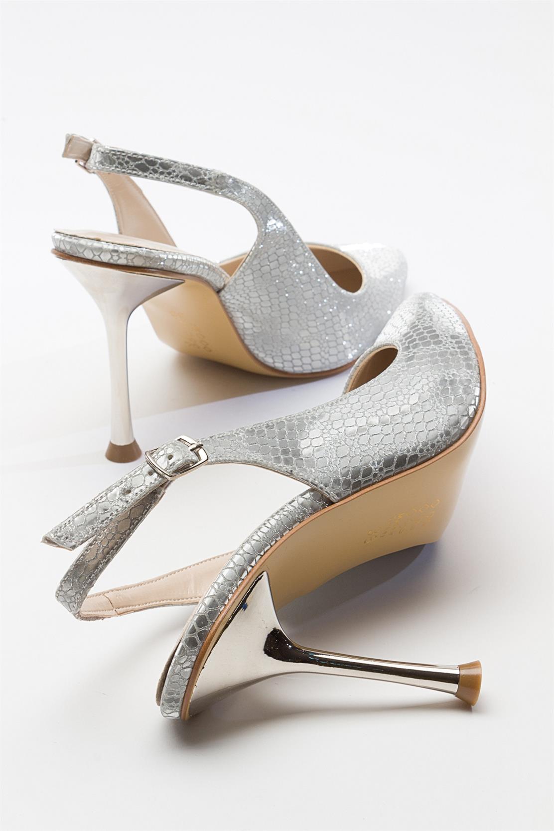 Orfo - Silver High Heel Shoe – back view showing leather, silver, red, SimmiUnique