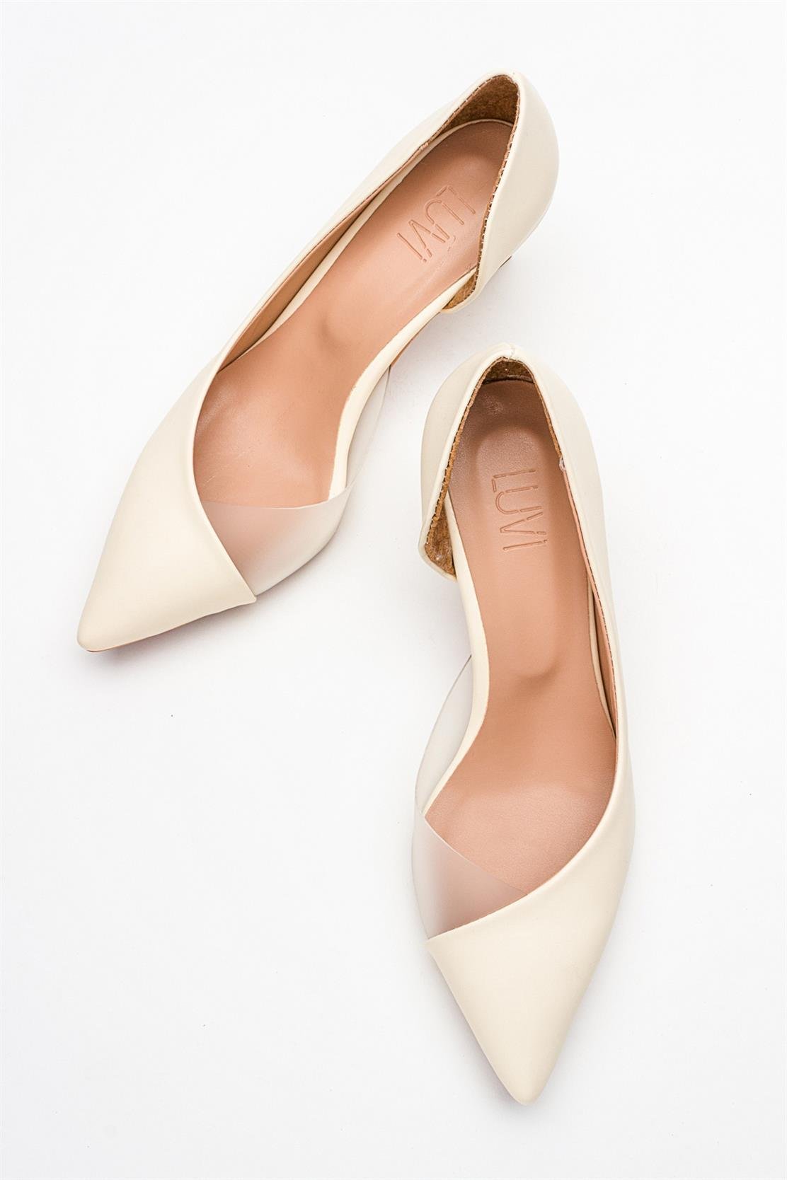 Vera Cream Glitter Pointed Toe Pump – heel view showing leather, glitter, SimmiUnique