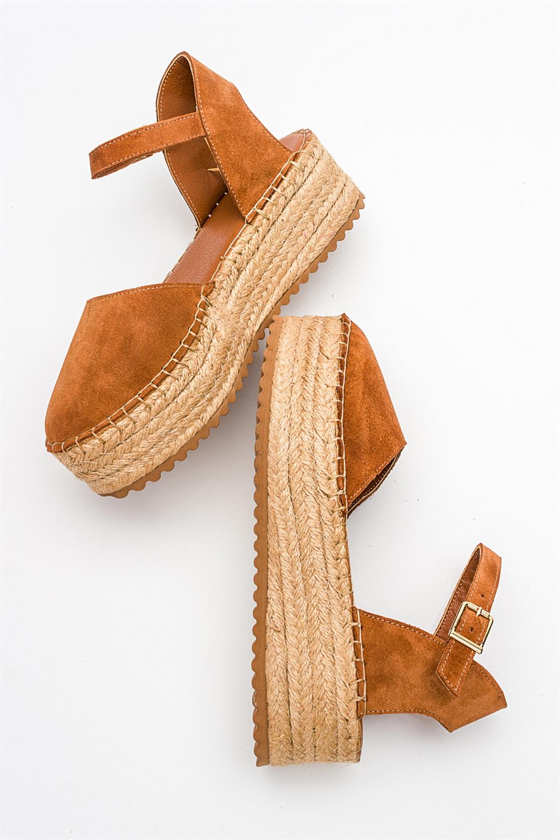 Viba - Cognac Brown Suede Leather Espadrilles – side view showing leather, suede, red, SimmiUnique