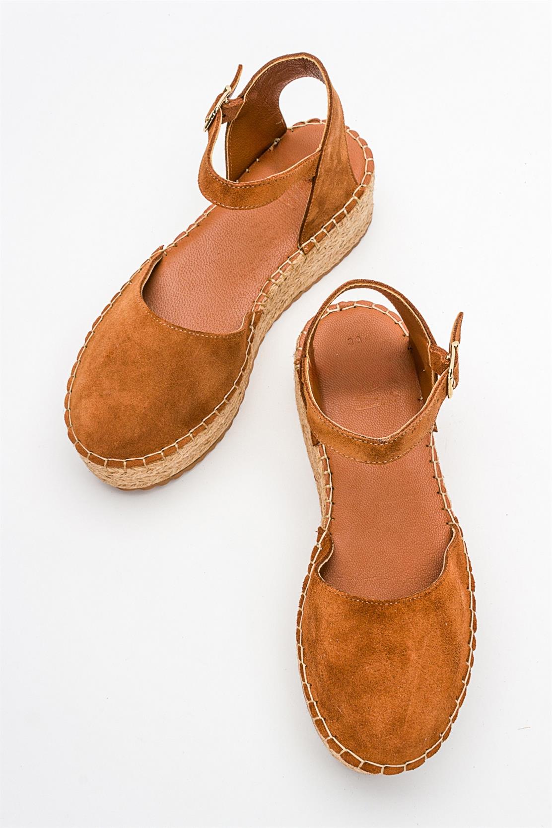 Viba - Cognac Brown Suede Leather Espadrilles – detail view showing leather, suede, red, SimmiUnique