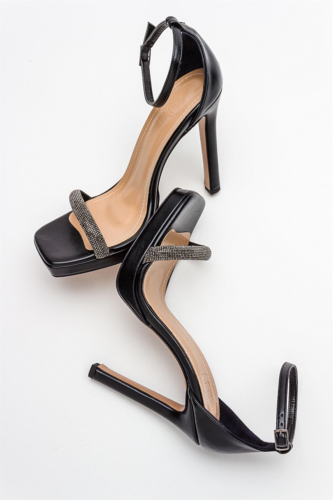 Unos - Black Stone-Embellished Single-Strap High-Heel Evening Shoe – side view showing leather, black, SimmiUnique