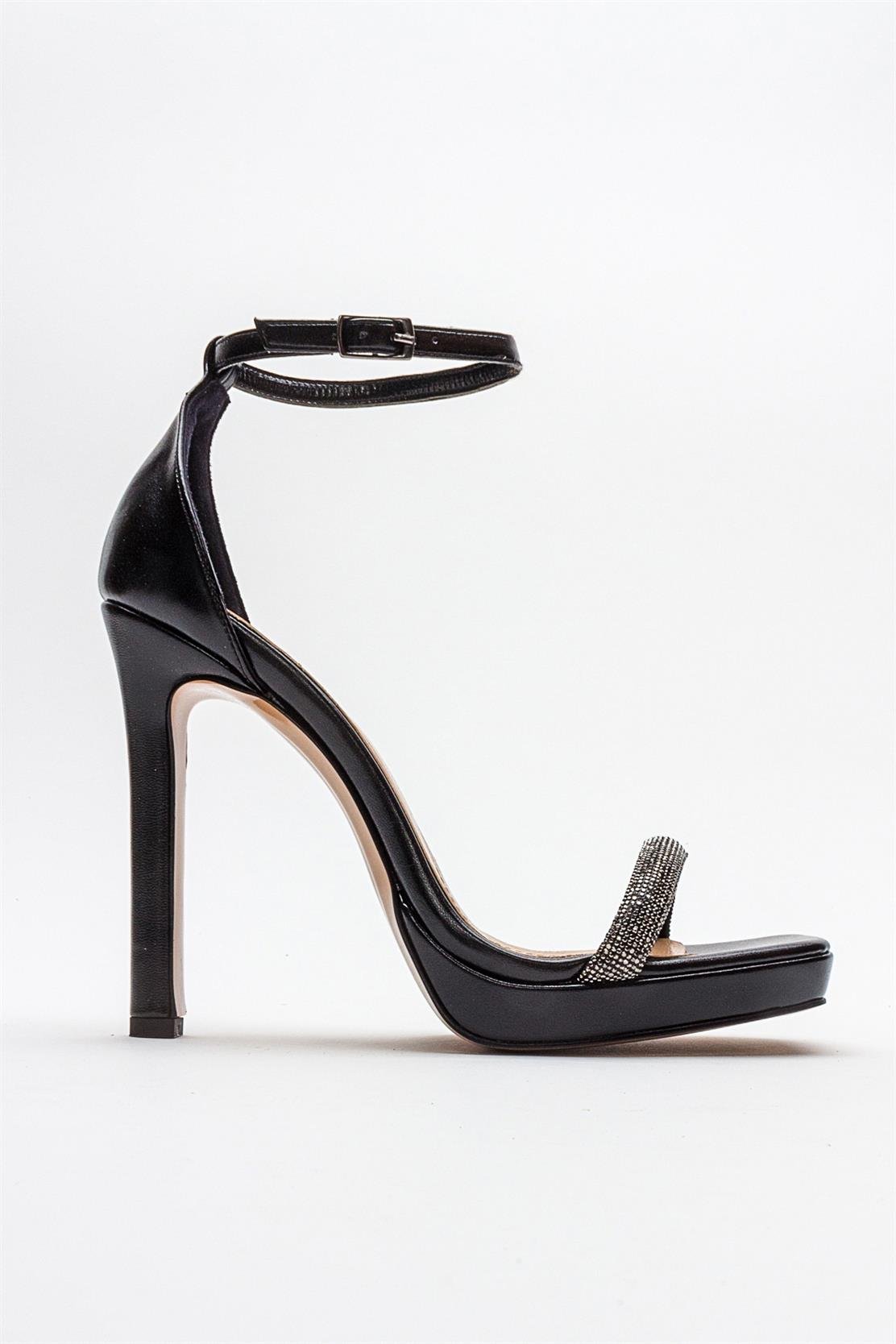 Unos - Black Stone-Embellished Single-Strap High-Heel Evening Shoe – top view showing leather, black, SimmiUnique