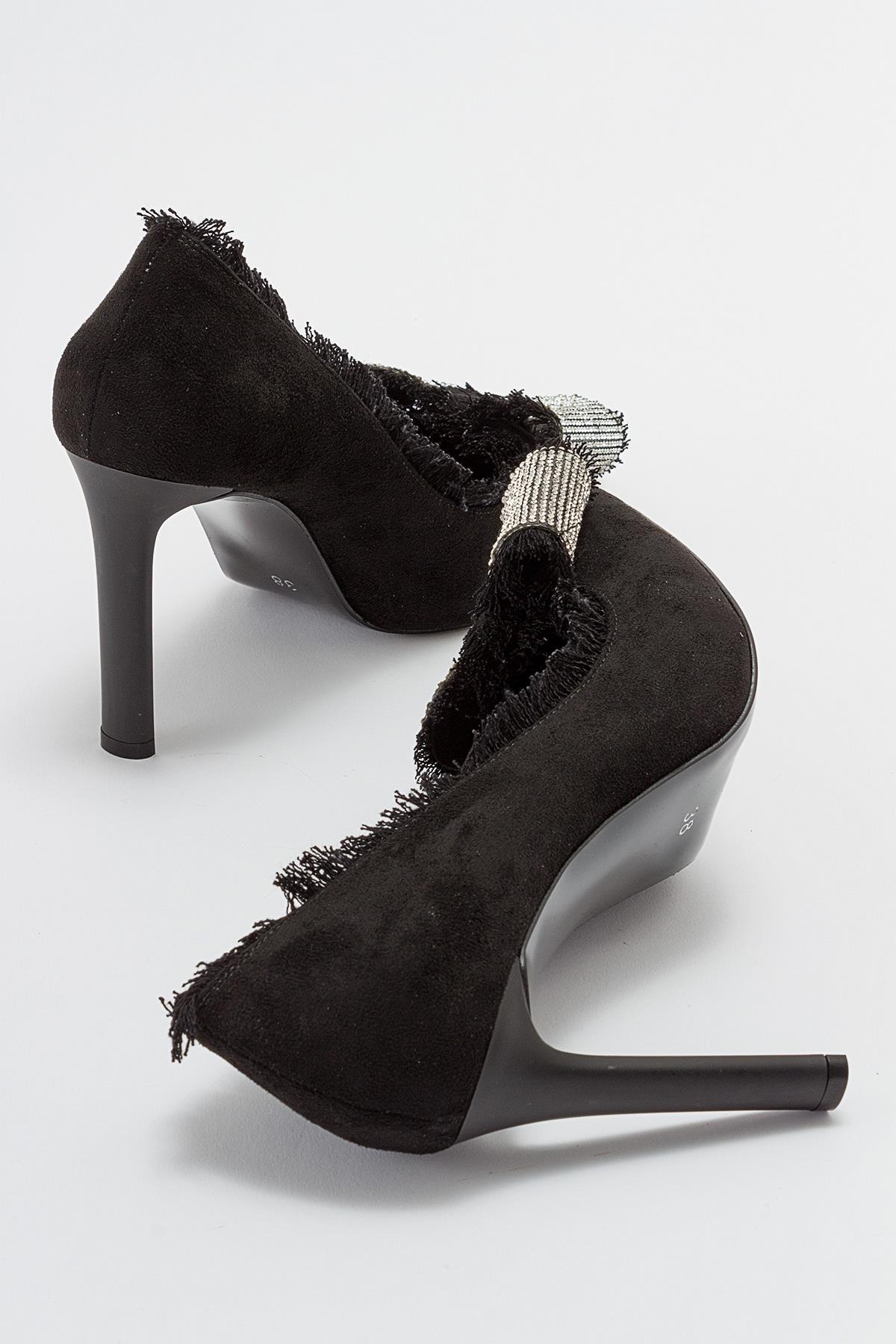 Vegas - Black Heeled Shoe – heel view showing leather, black, SimmiUnique