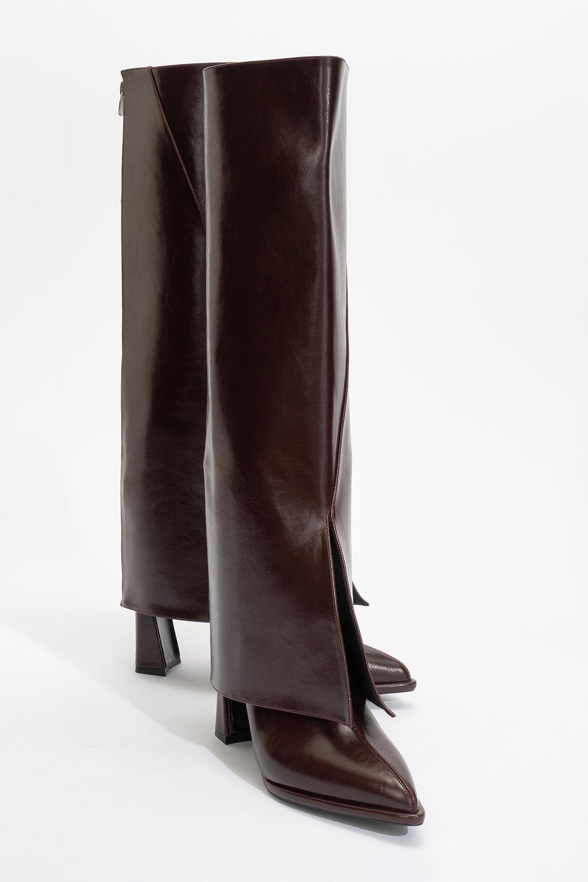 Aja - Burgundy Block Heel Convertible Knee-High Boot – side view showing leather, SimmiUnique