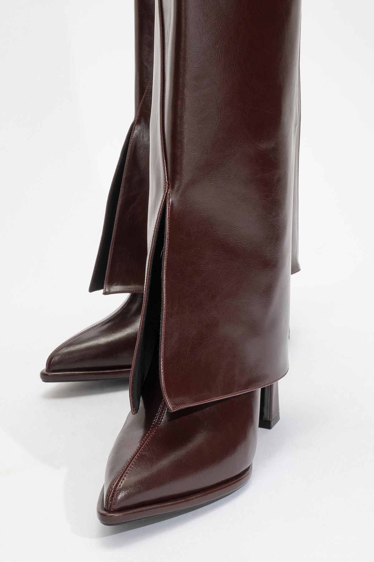 Aja - Burgundy Block Heel Convertible Knee-High Boot – sole view showing leather, SimmiUnique