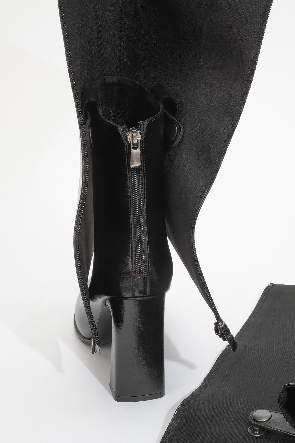Aja - Black Block Heel Convertible Knee-High Boot – heel view showing leather, black, SimmiUnique