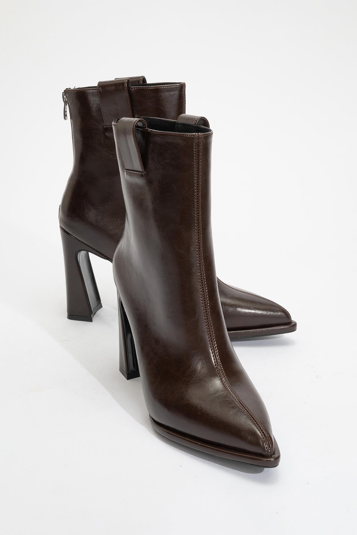 Aja - Brown Block Heel Convertible Knee-High Boot – detail view showing leather, SimmiUnique