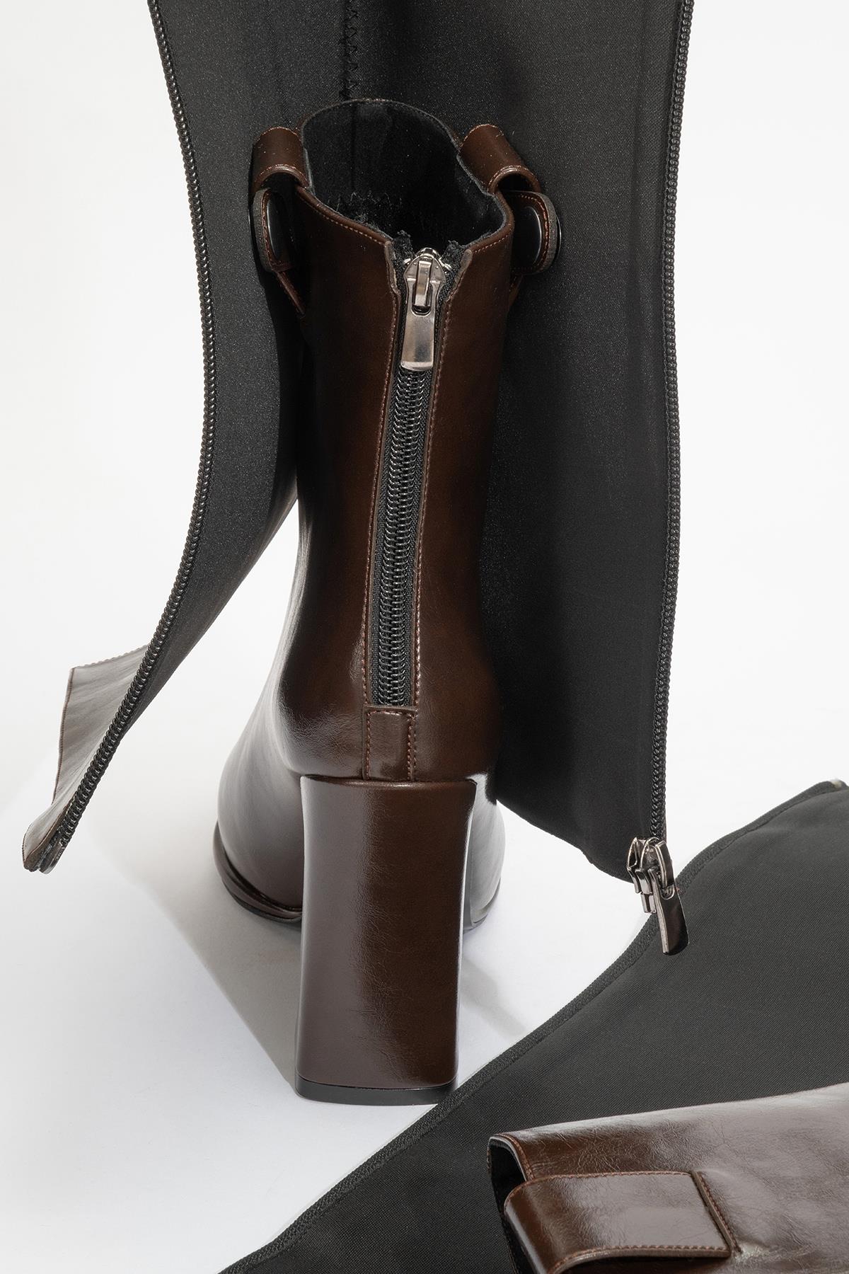 Aja - Brown Block Heel Convertible Knee-High Boot – heel view showing leather, SimmiUnique
