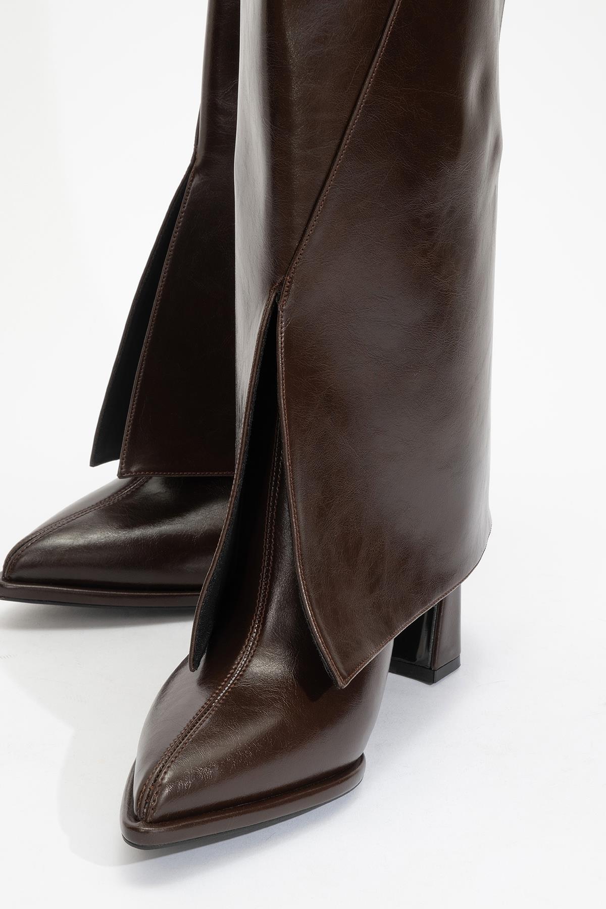 Aja - Brown Block Heel Convertible Knee-High Boot – sole view showing leather, SimmiUnique