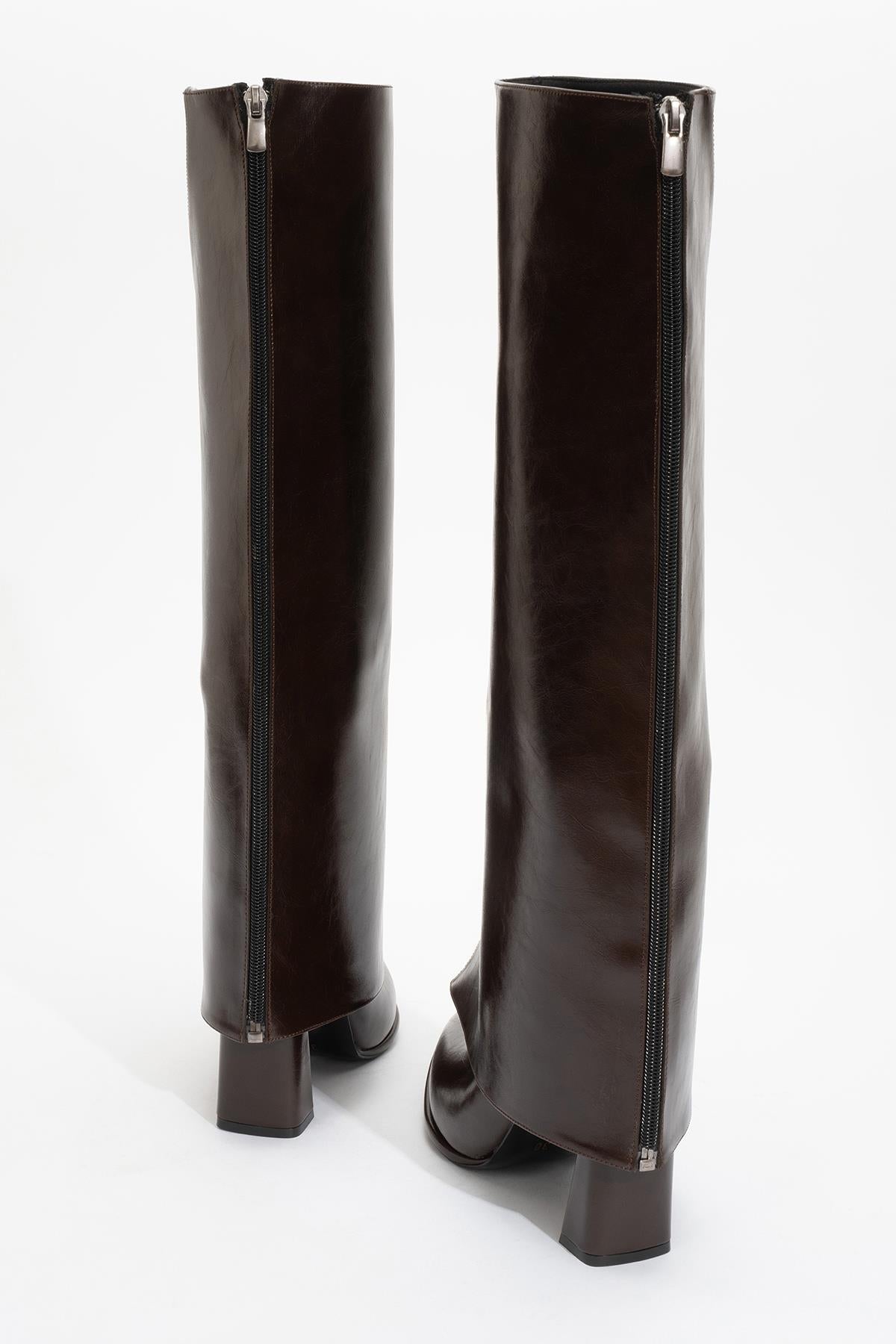 Aja - Brown Block Heel Convertible Knee-High Boot – pair view showing leather, SimmiUnique