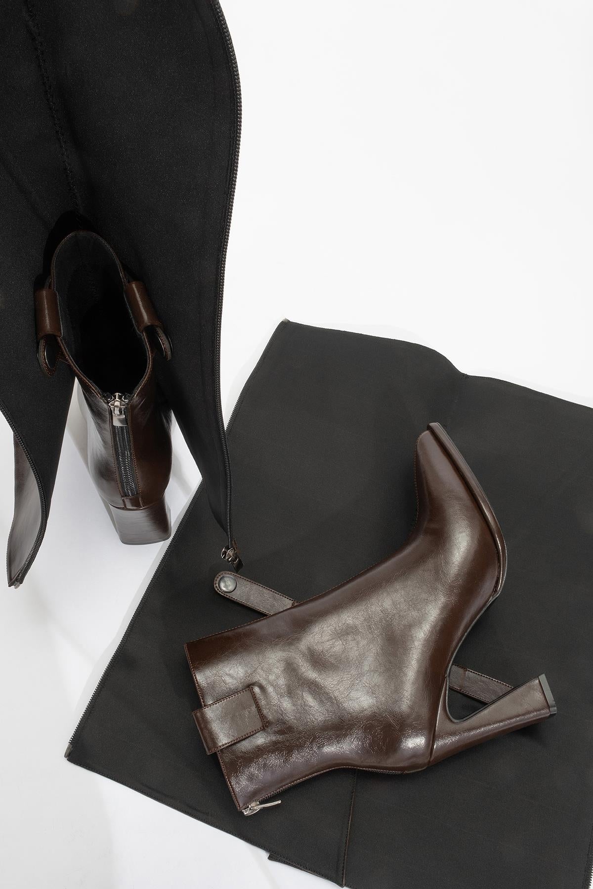 Aja - Brown Block Heel Convertible Knee-High Boot – product view 9 showing leather, SimmiUnique