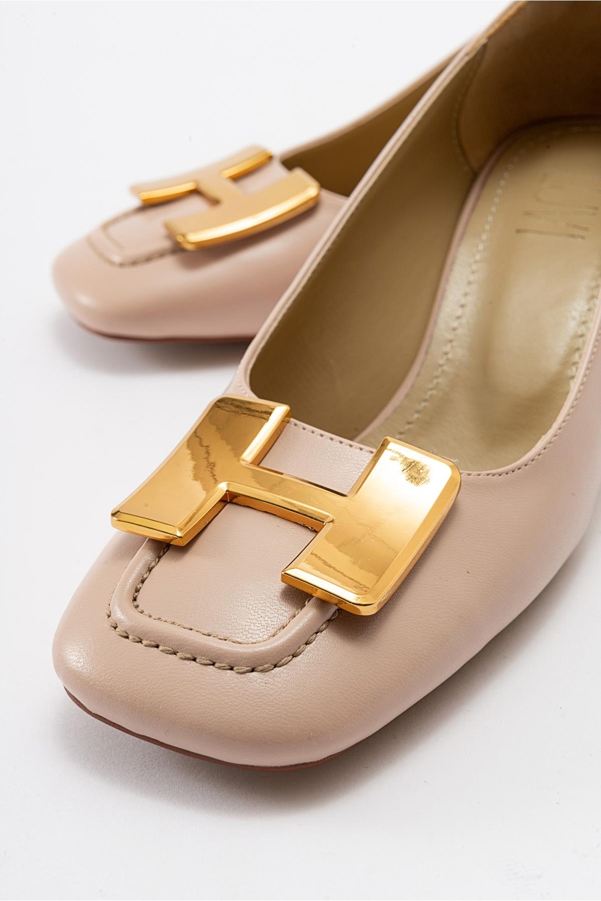 Elois - Beige Gold Buckled Heeled Shoe – detail view showing leather, gold, SimmiUnique