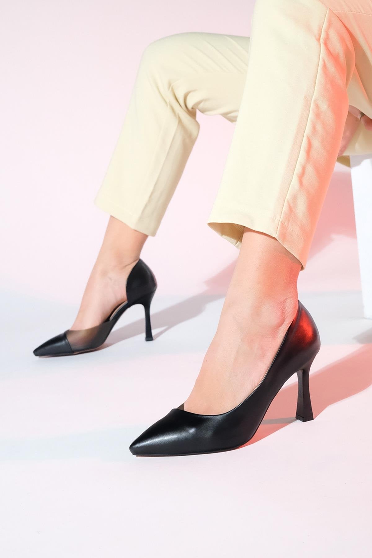 Ursula - Black Heeled Shoe – sole view showing leather, black, SimmiUnique